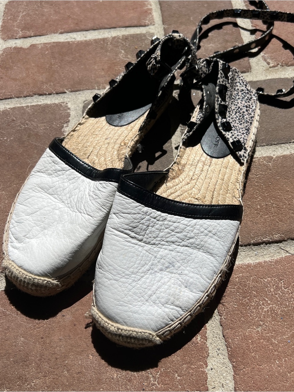 Rebecca Minkoff White Leather Espadrilles with Black Trim and Ankle Tie